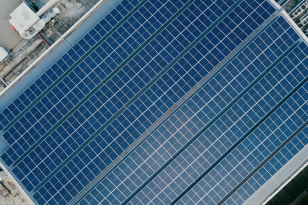 Image showing a birds eye view of a rooftop with solar panels