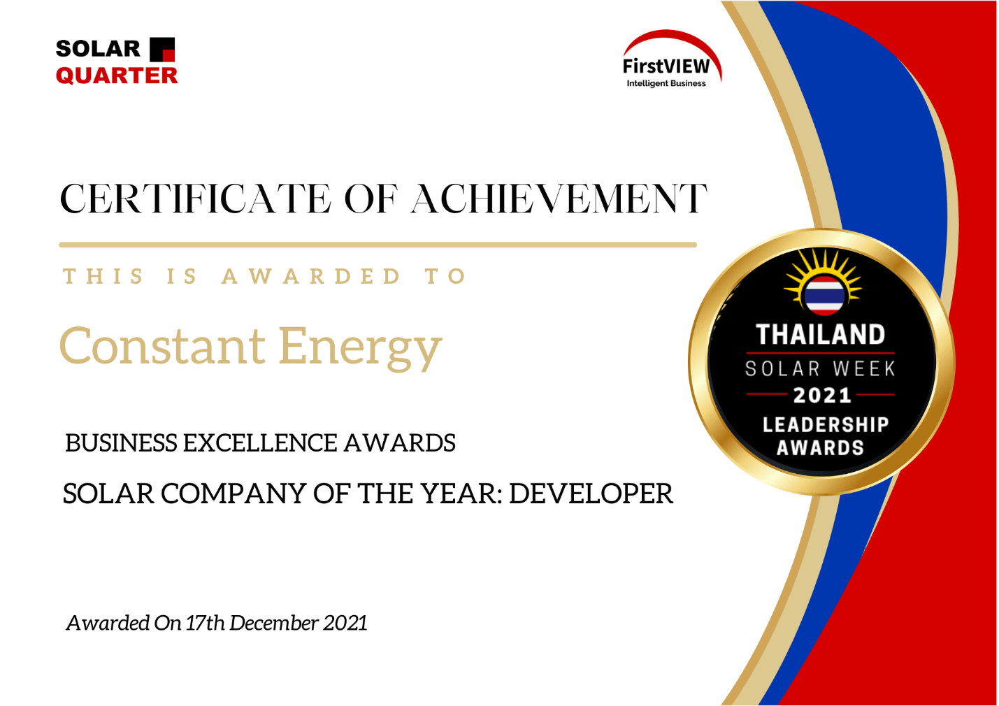 Read more about the article Business Excellence Award Achievement for Constant Energy: Solar Company of the Year – Developer